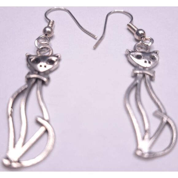 Hollow Sophisticat Tall Cat Earrings Ear Rings Silvertone Kitty Kitten Sitting - Picture 3 of 4